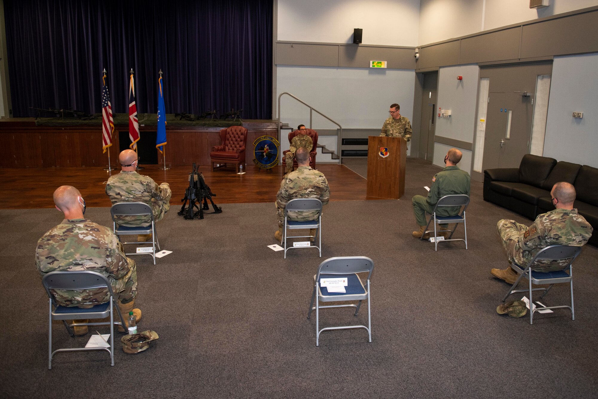 U.S. Air Force Col. Jon Hannah, 422nd Air Base Group commander, speaks during during the 422nd Security Forces Squadron Assumption of Command ceremony at RAF Croughton, England, July 22, 2020. The change of command ceremony is rooted in military history dating back to the 18th century representing the relinquishing of power from one officer to another. (U.S. Air Force photo by Airman 1st Class Jennifer Zima)