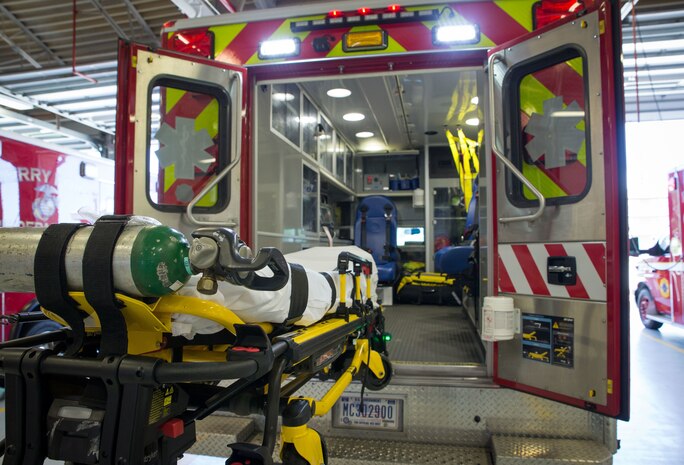 A stretcher is pulled out of an ambulance with the Cherry Point Fire and Emergency Services, at Marine Corps Air Station Cherry Point, N.C., June 29.