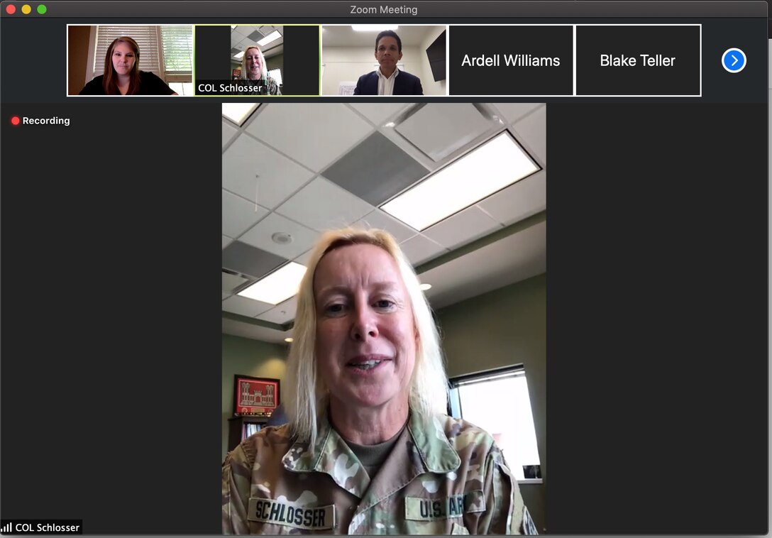 U.S. Army Engineer Research and Development Center (ERDC) Commander Col. Teresa Schlosser joins a virtual crowd at the monthly Vicksburg-Warren County Chamber of Commerce luncheon to share stories about the incredible research happening in Vicksburg.