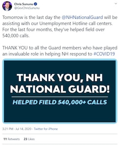 New Hampshire Gov. Chris Sununu Tweets a THANK YOU @NHNationalGuard  "who have played an invaluable role in helping NH respond to #COVID19."