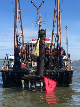 Aids to Navigation crews from Coast Guard ATON Station Cape May work to repair ATON structures in the New Jersey Intracoastal Waterway Jun. 25, 2020. Repairs are expected to be completed by the second week of July, 2020. U.S Coast Guard photo.