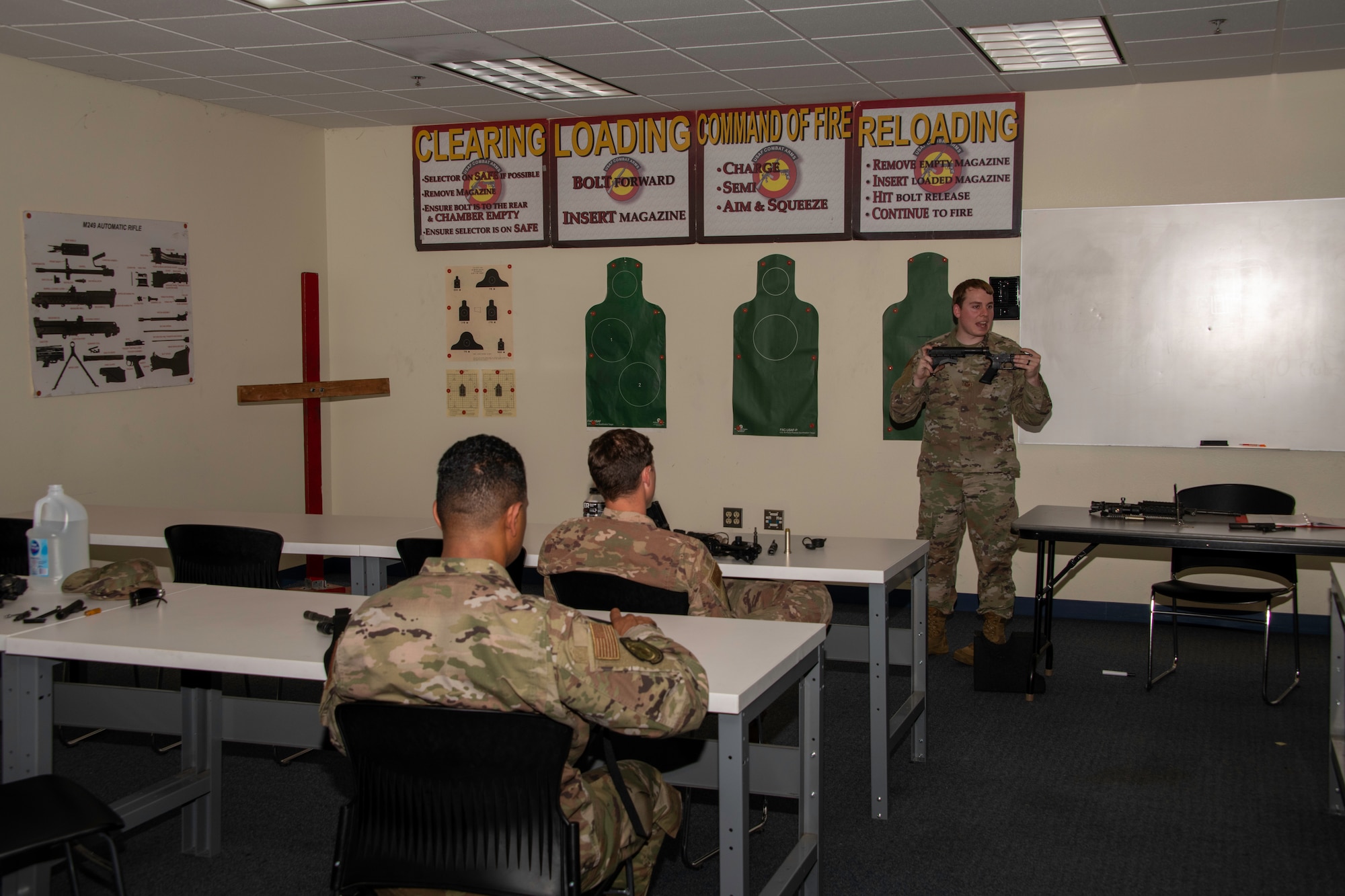 U.S. Air Force Staff Sgt. Frank Joseph, 60th Security Forces Squadron combat arms training and maintenance instructor, teaches Airmen how to inspect an M-4 carbine rifle during a class at Travis Air Force Base, California, May 27, 2020. Joseph completed the CATM instructor course in August 2013. He has provided weapons training at Travis AFB since April 2020. (U.S. Air Force photo by Tech. Sgt. James Hodgman)