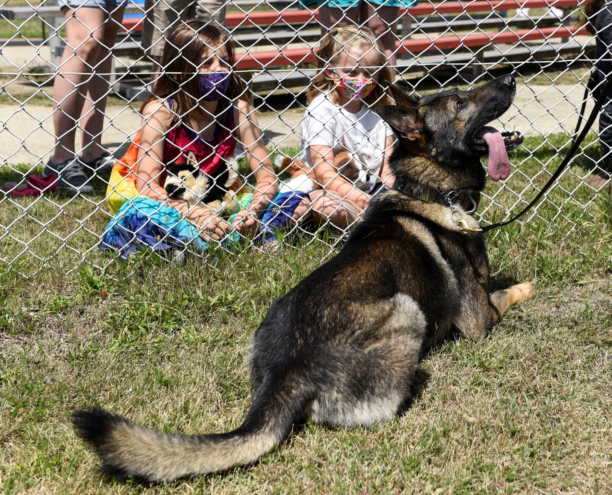 U.S. Air Force Military Working Dog Axel rests by children after training at Spangdahlem Air Base, Germany, July 22, 2020. Axel performed a variety of different intruder exercises during the demonstration hosted by the 52nd Security Forces Squadron MWD handlers for Spangdahlem AB families. (U.S. Air Force photo by Senior Airman Melody W. Howley)