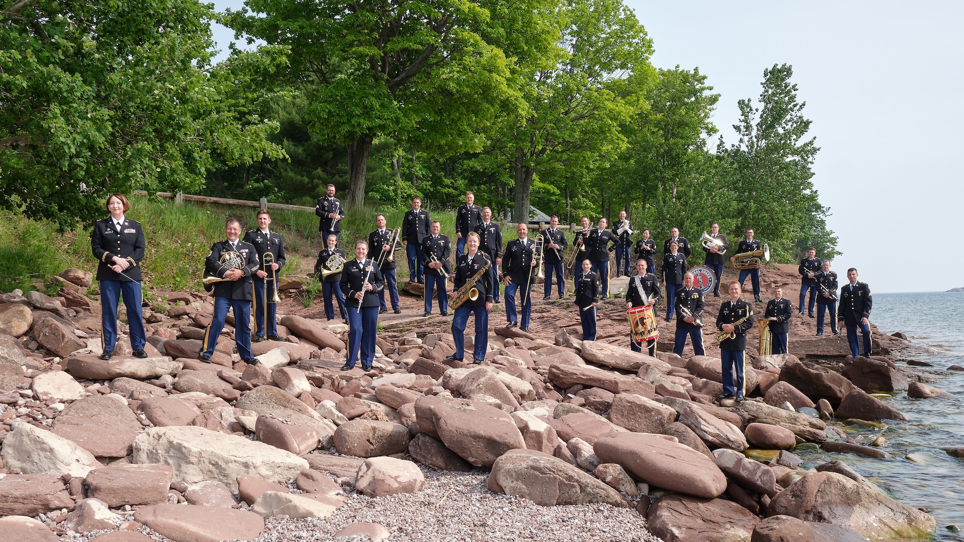 Michigan Soldiers from the 126th Army Band, concert band, Michigan Army National Guard, pose for a group photo on July 19, 2019, in Marquette, Michigan.