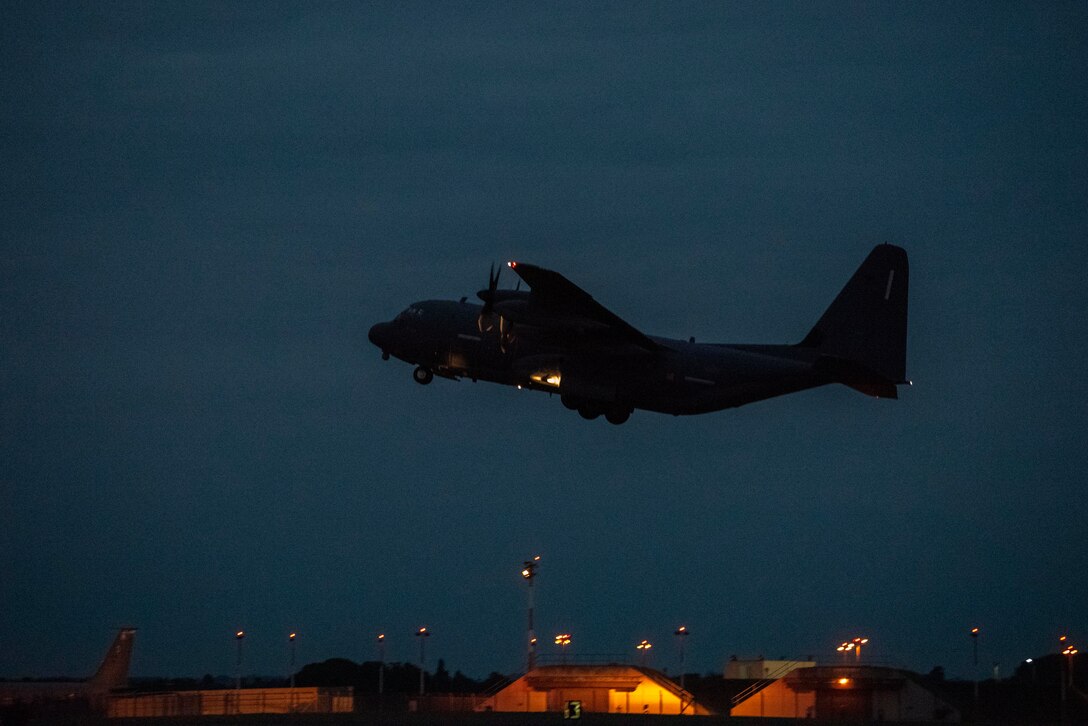 An MC-130J Commando II aircraft assigned to the 352d Special Operations Wing takes off from RAF Mildenhall, England, July 22, 2020. The aircraft integrated with Air Force and Navy assets over the Black Sea, demonstrating U.S. forces’ commitment to allies and partners in the region.  (U.S. Air Force photo by Airman 1st Class Joseph Barron)