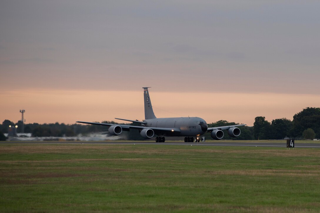 A KC-135 Stratotanker aircraft assigned to the 100th Air Refueling Wing takes off from RAF Mildenhall, England, July 22, 2020. The aircraft integrated with Air Force and Navy assets over the Black Sea, demonstrating U.S. forces’ commitment to allies and partners in the region. (U.S. Air Force photo by Airman 1st Class Joseph Barron)