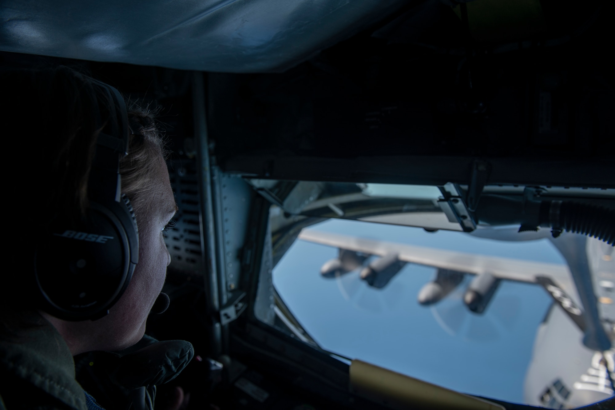 U.S. Air Force Staff Sgt. Samantha Shelton, 351st Air Refueling Squadron boom operator, refuels an MC-130J Commando II from the 352d Special Operations Wing over the Black Sea, July 22, 2020. The KC-135 Stratotanker and MC-130J Commando II conducted operations in the Black Sea, which demonstrates U.S. forces’ commitment to our allies and partners in the Black Sea region. (U.S. Air Force photo by Staff Sgt. Lexie West)