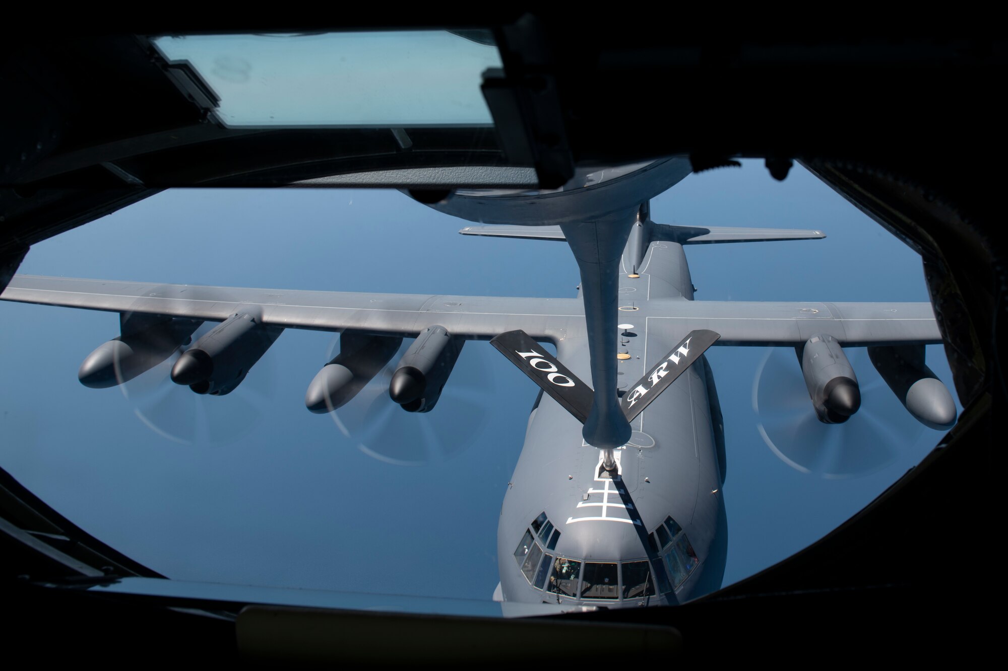 A U.S. Air Force KC-135 Stratotanker from the 100th Air Refueling Wing refuels an MC-130J Commando II from the 352d Special Operations Wing over the Black Sea, July 22, 2020. The KC-135 Stratotanker and MC-130J Commando II conducted operations in the Black Sea, which demonstrates U.S. forces’ commitment to our allies and partners in the Black Sea region. (U.S. Air Force photo by Staff Sgt. Lexie West)