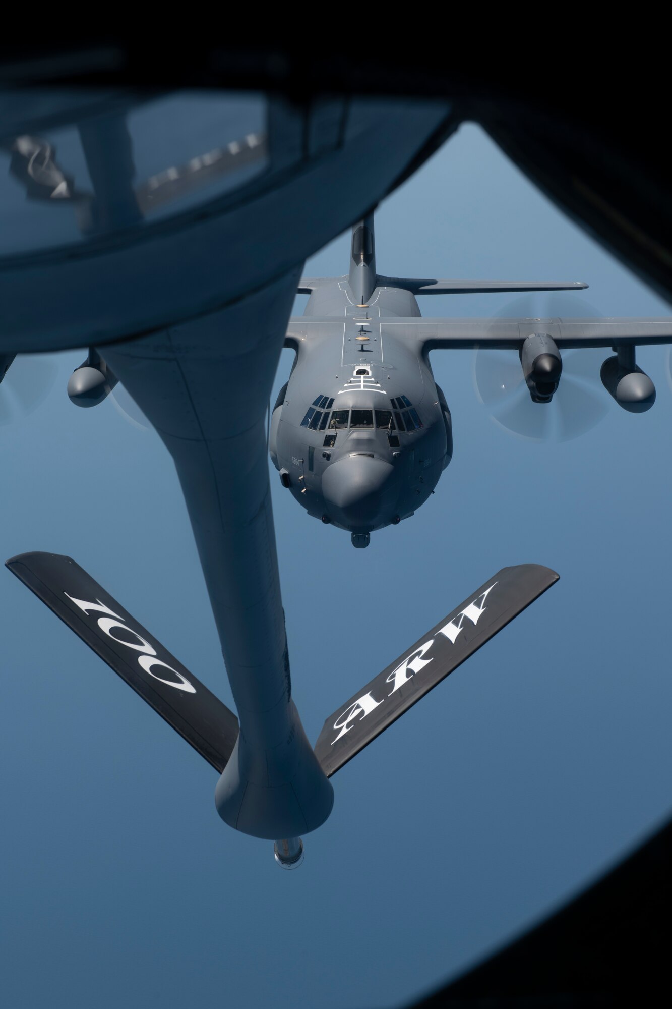 A U.S. Air Force MC-130J Commando II from the 352d Special Operations Wing prepares to receive fuel from KC-135 Stratotanker from the 100th Air Refueling Wing over the Black Sea, July 22, 2020. The KC-135 Stratotanker and MC-130J Commando II conducted operations in the Black Sea, which demonstrates U.S. forces’ commitment to our allies and partners in the Black Sea region. (U.S. Air Force photo by Staff Sgt. Lexie West)