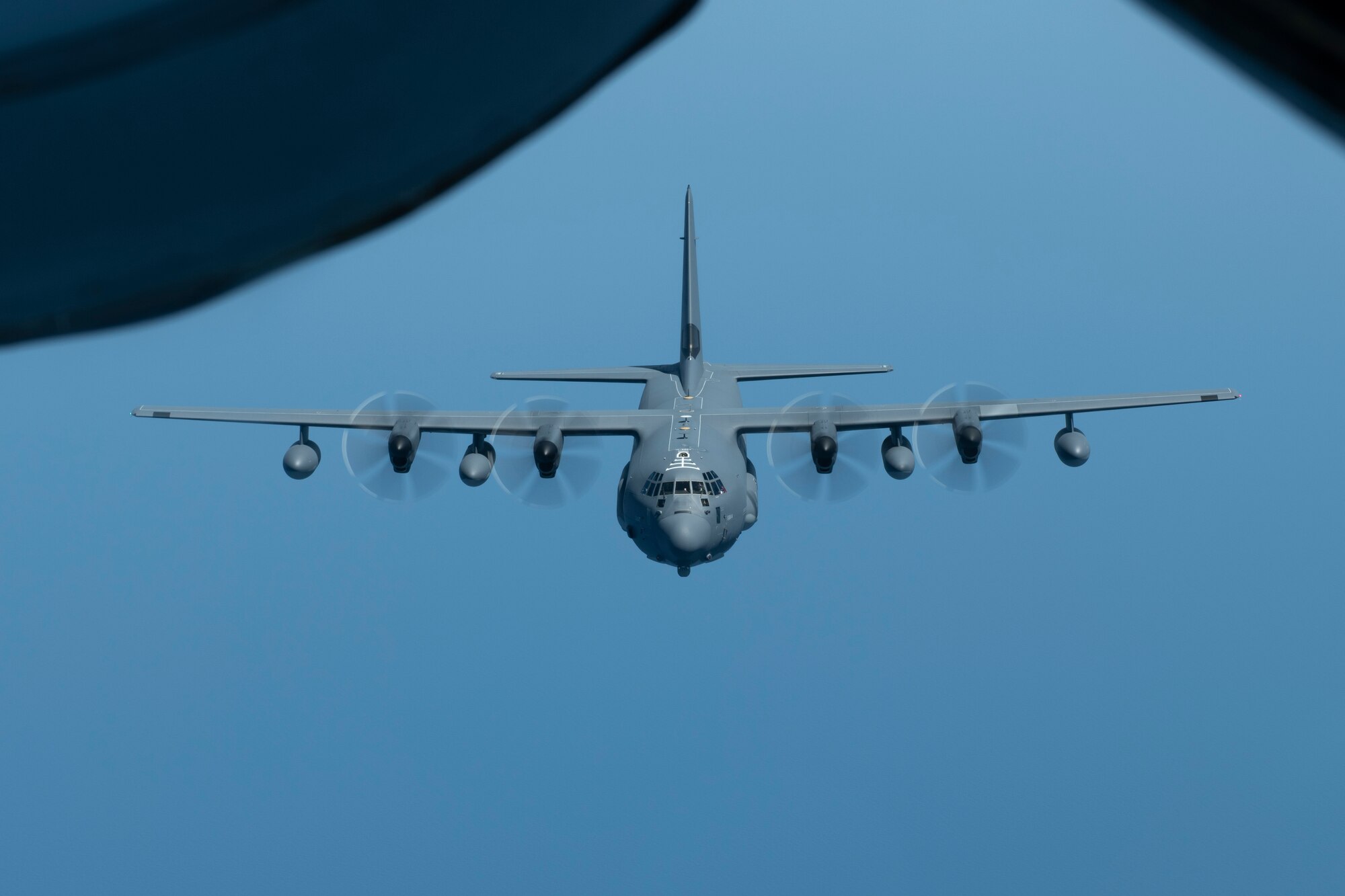 A U.S. Air Force MC-130J Commando II from the 352d Special Operations Wing approaches a KC-135 Stratotanker from the 100th Air Refueling Wing to receive fuel over the Black Sea, July 22, 2020. The KC-135 Stratotanker and MC-130J Commando II conducted operations in the Black Sea, which demonstrates U.S. forces’ commitment to our allies and partners in the Black Sea region. (U.S. Air Force photo by Staff Sgt. Lexie West)