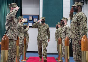 200723-N-KZ419-1005 NAVAL SUPPORT ACTIVITY BAHRAIN (July 23, 2020) –Capt. James Johnston, commodore of Commander, Task Force (CTF) 57 salutes while passing sideboys after a change of command ceremony for CTF 57 on Naval Support Activity Bahrain. The 5th Fleet area of operations encompasses about 2.5 million square miles of water area and includes the Arabian Gulf, Gulf of Oman, Red Sea and parts of the Indian Ocean. The expanse is comprised of 20 countries and includes three chokepoints, critical to the free flow of global commerce. (U.S. Navy photo by Mass Communication Specialist 3rd Class Dawson Roth)
