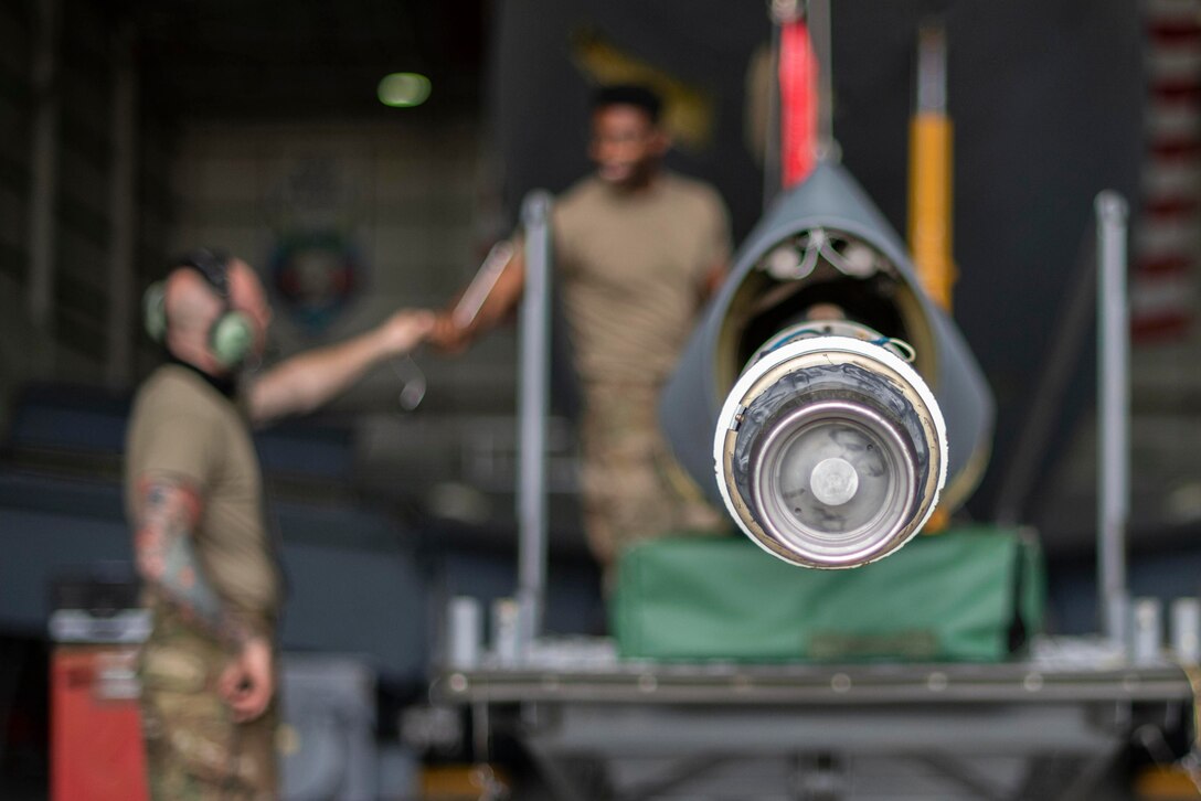 The flying boom of a KC-135 Stratotanker undergoes maintenance at RAF Mildenhall, England, July 17, 2020. The boom supports the delivery of fuel to aircraft in flight and extends the range of U.S. Air Force, allied, and partner nation aircraft. (U.S. Air Force photo by Airman 1st Class Joseph Barron)