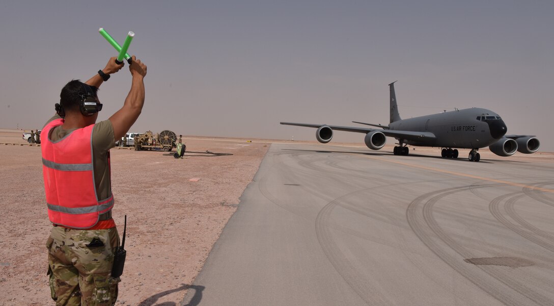 The 378th Expeditionary Logistic Readiness Squadron rapidly refuel a KC-135 Stratotanker from the 23rd Expeditionary Refueling Squadron from Al Udeid Air Base, Qatar at Prince Sultan Air Base, Kingdom of Saudi Arabia, July 13, 2020.