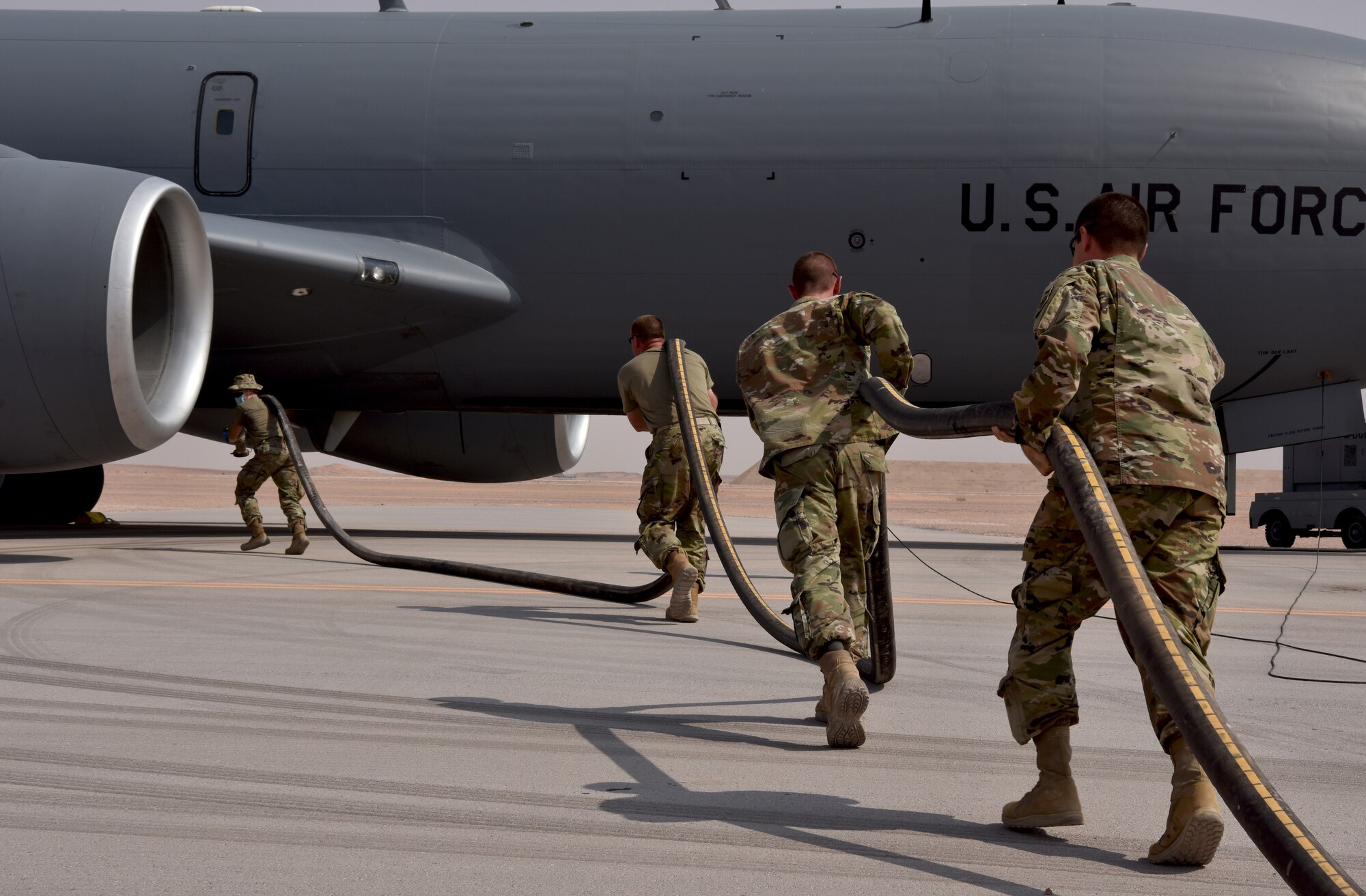 The 378th Expeditionary Logistic Readiness Squadron rapidly refuel a KC-135 Stratotanker from the 23rd Expeditionary Refueling Squadron from Al Udeid Air Base, Qatar at Prince Sultan Air Base, Kingdom of Saudi Arabia, July 13, 2020.