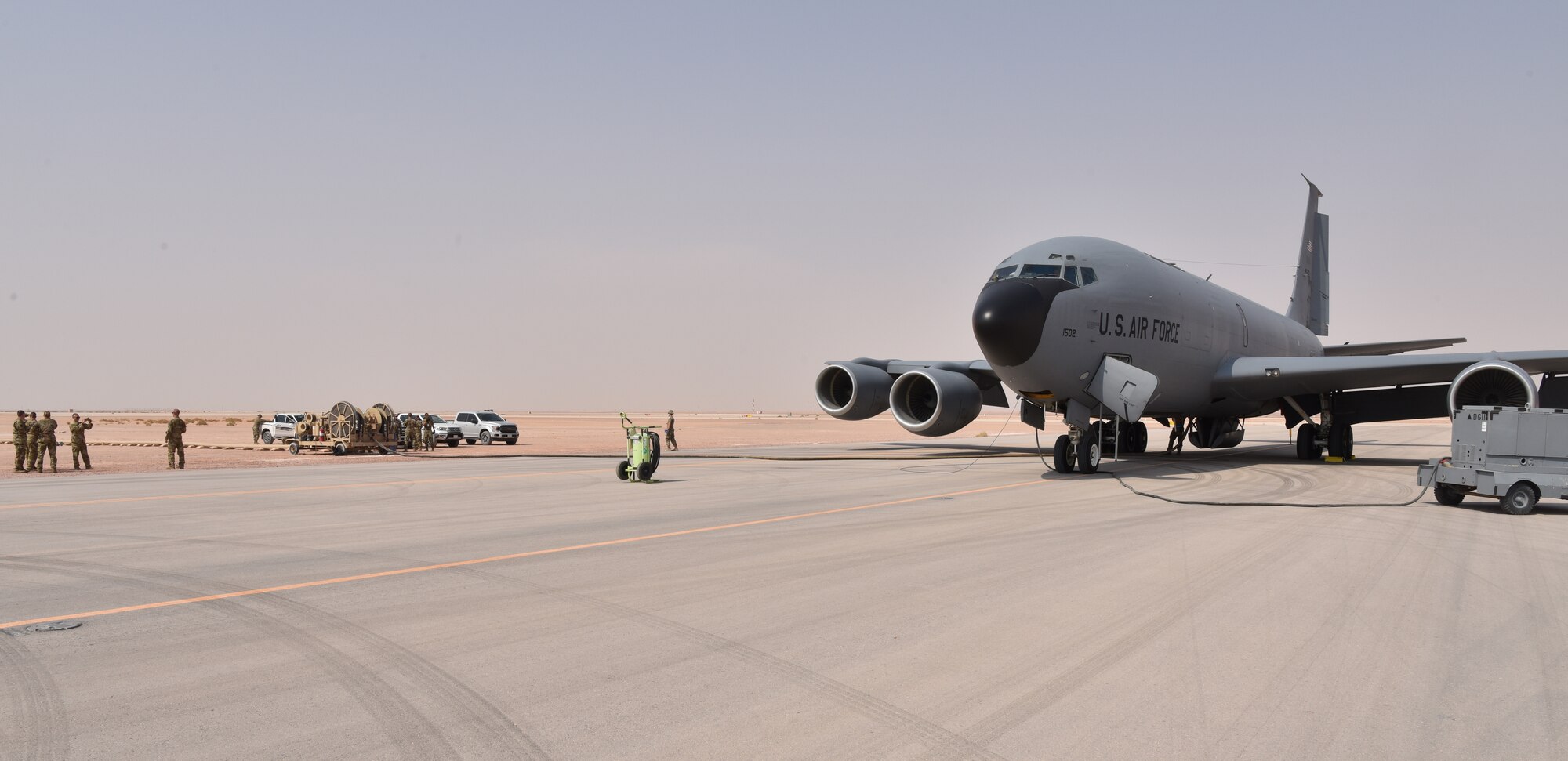 The 378th Expeditionary Logistic Readiness Squadron rapidly refuel a KC-135 Stratotanker from the 23rd Expeditionary Refueling Squadron from Al Udeid Air Base, Qatar at Prince Sultan Air Base, Kingdom of Saudi Arabia, July 13, 2020.