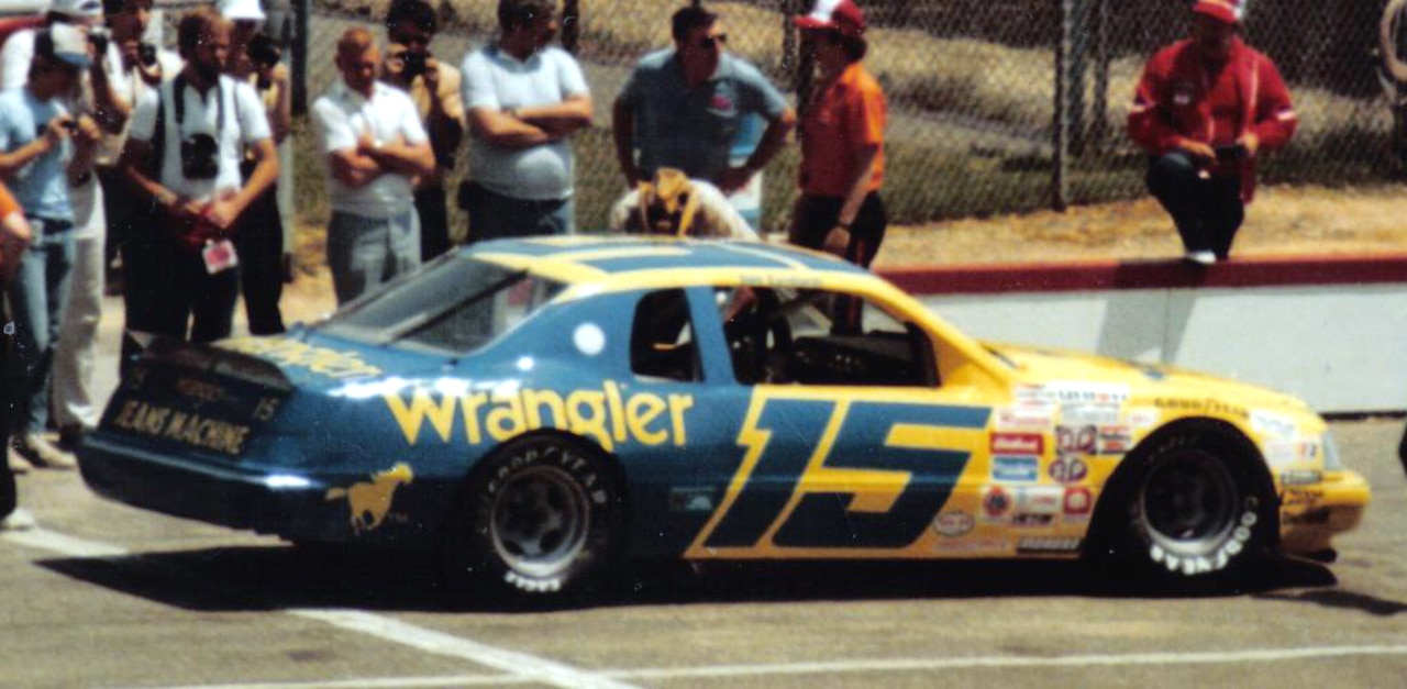 A small group of people watch as a man in a cowboy hat leans down to talk to the driver of a race car.