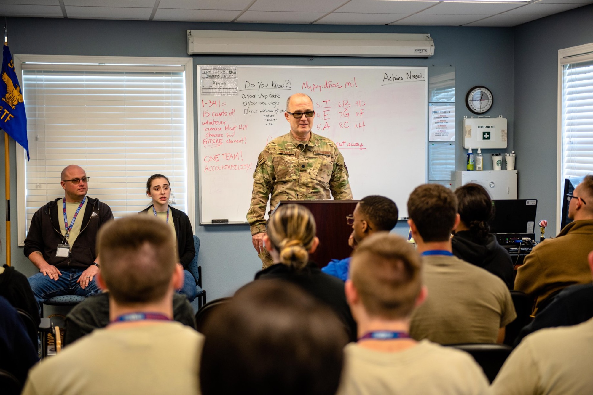 Lt. Col. Greg Russell, 919th Special Operations Medical Squadron optometrist, speaks to students from the Development and Training Flight at Duke Field, Florida, March 7, 2020. (U.S. Air Force photo by Senior Airman Dylan Gentile)