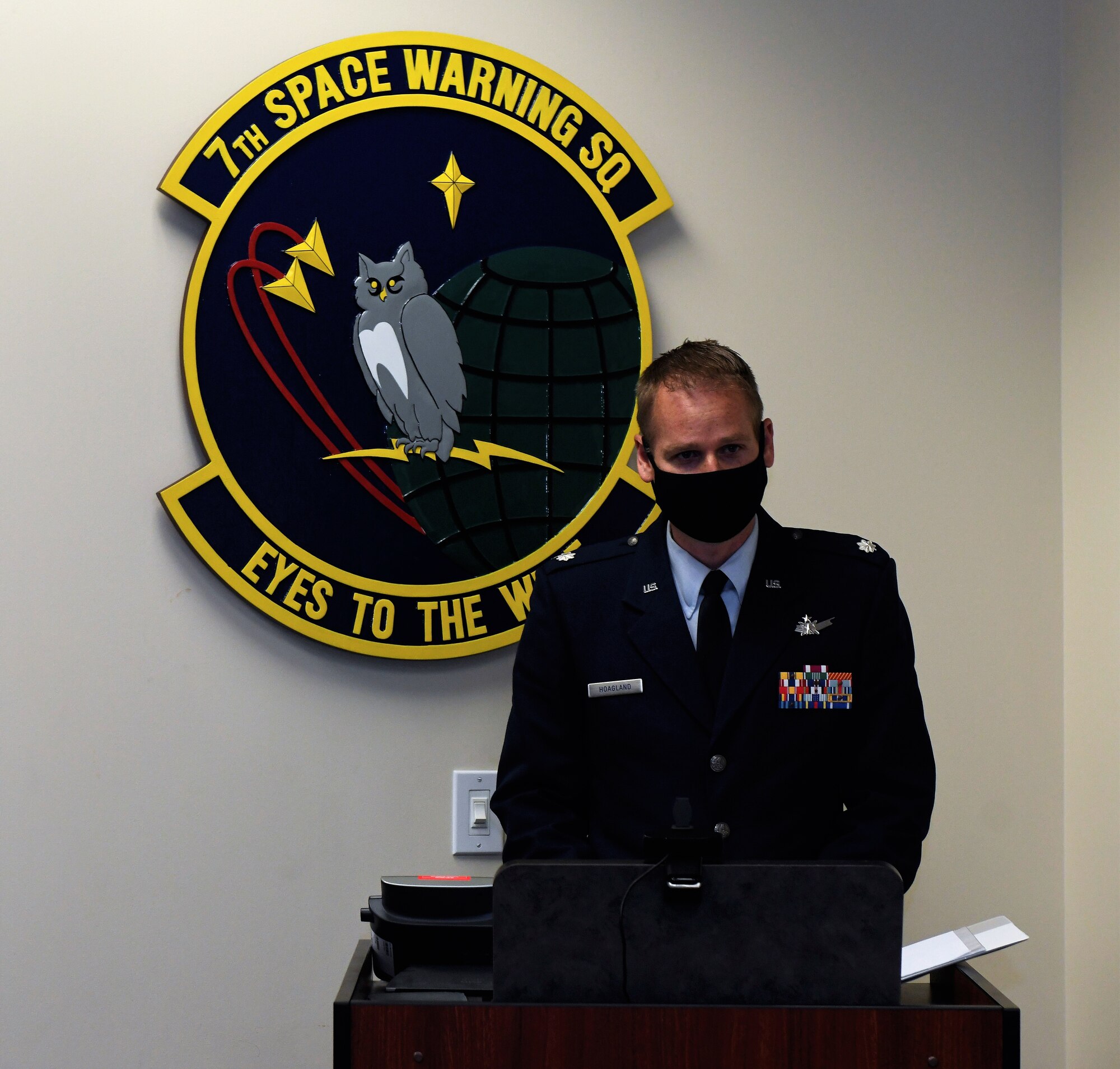 Lt. Col. Blake Hoagland, incoming 7th Space Warning Squadron commander, accepted command July 10, 2020, during a virtual ceremony at Beale Air Force Base, Calif. Col. Mathew Cantore, 21st Operations Group commander, presided virtually and Lt. Col. Charles Sandusky was the out-going commander. (Courtesy photo)