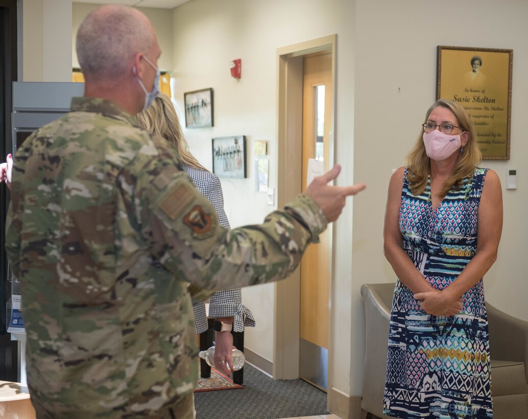 U.S. Air Force Col. Christopher Callis, 509th Mission Support Group commander, introduces the current child care center operations to Mrs. Leah Esper, wife of Secretary of Defense Mark T. Esper, at Whiteman Air Force Base, Missouri, July 22, 2020. Esper learned about the resources available to Whiteman AFB Airmen and how base agencies maintain safe and reliable family support during the current COVID-19 public health posture. (U.S. Air Force photo by Senior Airman Thomas Johns)