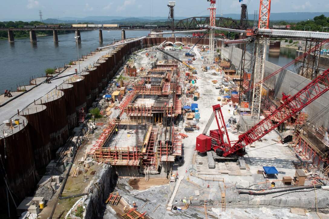 U.S. Army Corps of Engineers and Shimmick construction crews work to construct monoliths July 21, 2020 for a new navigation lock as part of the Chickamauga Lock Replacement Project at the Tennessee Valley Authority project. (USACE Photo by Lee Roberts)