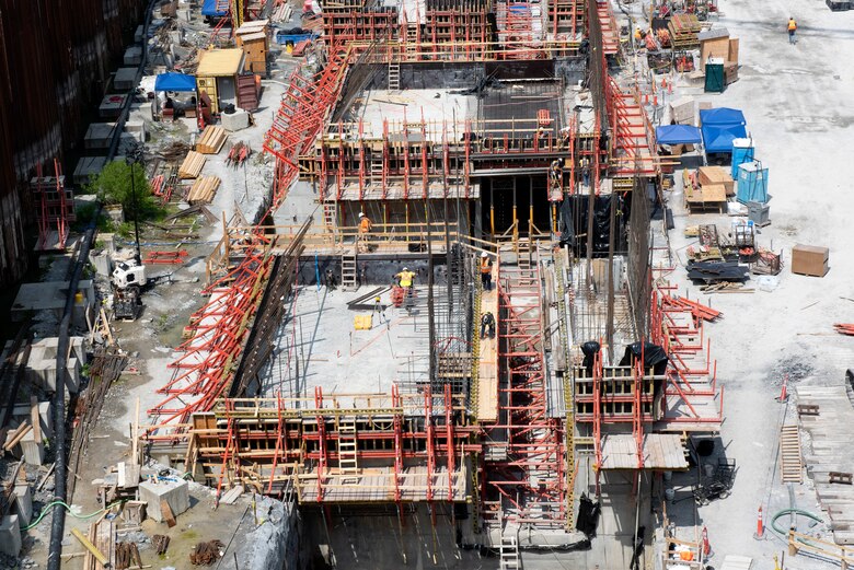 U.S. Army Corps of Engineers and Shimmick construction crews work to construct monoliths July 21, 2020 for a new navigation lock as part of the Chickamauga Lock Replacement Project at the Tennessee Valley Authority project. (USACE Photo by Lee Roberts)