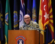 one soldier giving a speech.