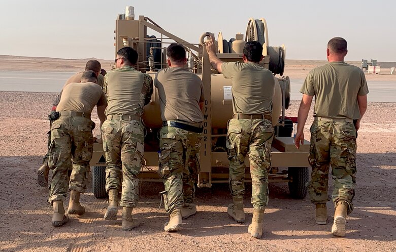 The 378th Expeditionary Logistic Readiness Squadron install a rapid refueling platform at Prince Sultan Air Base, Kingdom of Saudi Arabia, July 13, 2020.