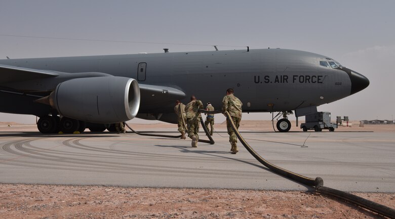 The 378th Expeditionary Logistic Readiness Squadron rapidly refuel a KC-135 Stratotanker from the 23rd Expeditionary Refueling Squadron from Al Udeid Air Base, Qatar at Prince Sultan Air Base, Kingdom of Saudi Arabia, July 13, 2020.