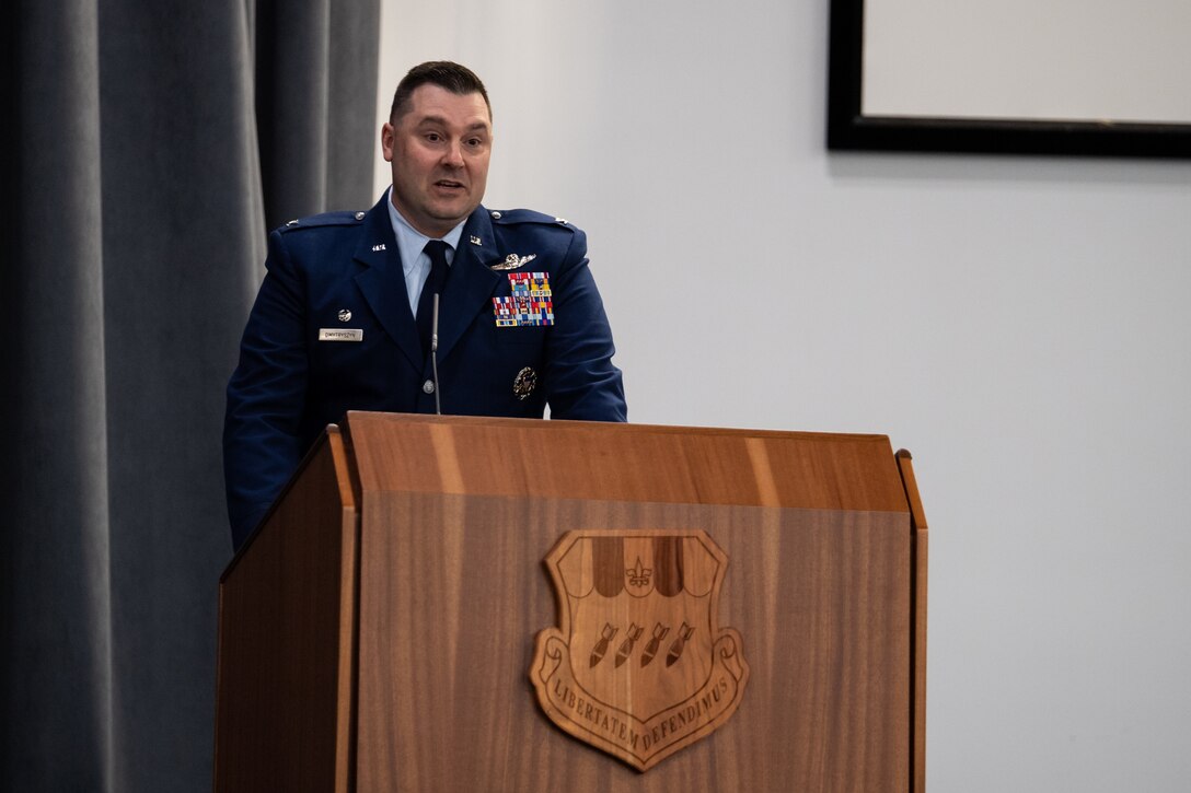 Col. Mark C. Dmytryszyn, incoming 2nd Bomb Wing commander, addresses the crowd during a change of command ceremony at Barksdale Air Force Base, La., July 23, 2020. A change of command is a military tradition that represents a formal transfer of authority and responsibility for a unit from one commanding or flag officer to another. (U.S. Air Force photo by Airman 1st Class Jacob B. Wrightsman)