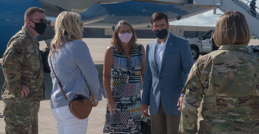 Secretary of Defense Dr. Mark T. Esper and his wife, Leah, meet base leaders at Whiteman Air Force Base, Missouri, July 22, 2020. The Espers visited base leaders, Airmen, and military family members to learn about their experiences and get a firsthand understanding of Whiteman AFBs mission and resources available to Airmen and their families. (U.S. Air Force photo by Senior Airman Thomas Johns)