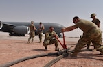 The 378th Expeditionary Logistic Readiness Squadron rapidly refuel a KC-135 Stratotanker from the 23rd Expeditionary Refueling Squadron from Al Udeid Air Base, Qatar at Prince Sultan Air Base, Kingdom of Saudi Arabia, July 13, 2020.