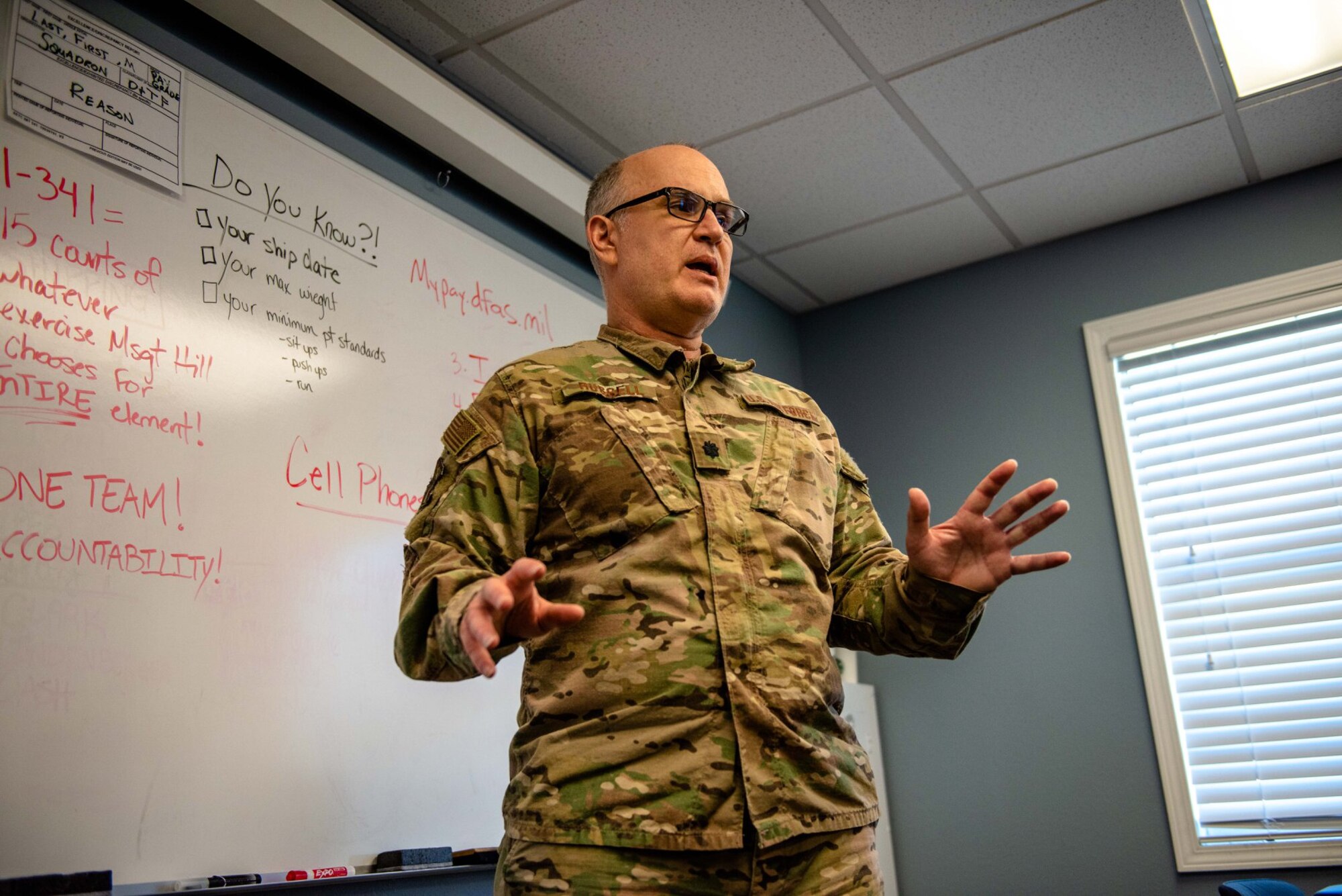 Lt. Col. Greg Russell, 919th Special Operations Medical Squadron optometrist, gestures while speaking to the Development and Training Flight at Duke Field, Florida, March 7, 2020. (U.S. Air Force photo by Senior Airman Dylan Gentile)