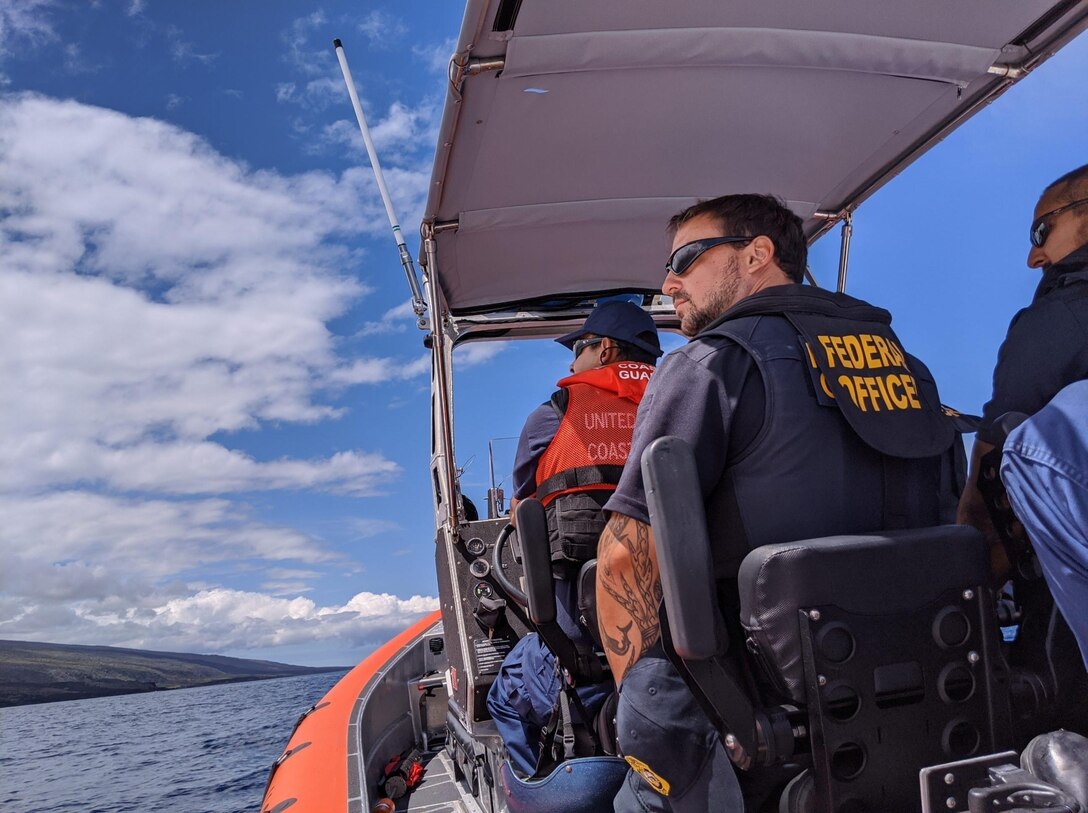 Coast Guard and NOAA Office of Law Enforcement crews aboard a Coast Guard Cutter William Hart (WPC 1134) small boat patrol off Hawaii Island in June 26, 2020. The agencies conducted a 10-day joint operation conduct enforcement and public education of the rules under the Endangered Species Act, Marine Mammal Protection Act, and Magnuson Stevens Act. Protecting Hawaii’s thriving oceans and marine mammals is vital to long term sustainability. (U.S. Coast Guard video by USCGC William Hart/Released)