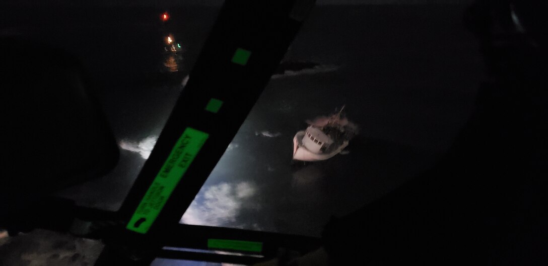 A U.S. Coast Guard aircrew aboard an MH-65 Dolphin helicopter hoists two fishermen from a grounded boat on the  Barnegat Inlet Jetty in Barnegat, New Jersey, May 6, 2020. The fishermen were transported to Air Station Elizabeth City.

(U.S. Coast Guard video by Air Station Atlantic City)