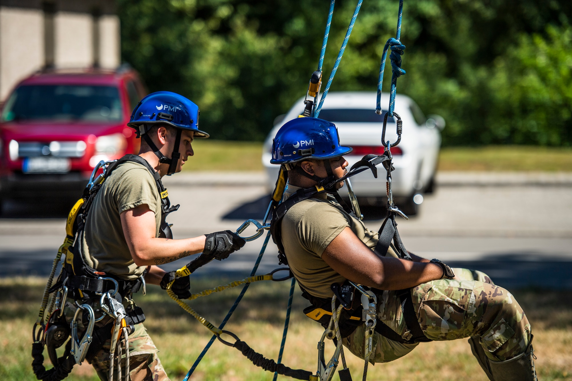 Photo of Airmen conducting tower rescue training