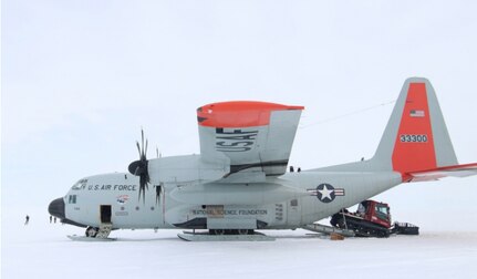An LC-130 assigned to the New York Air National Guard's 109th Airlift Wing, based at Stratton Air National Guard Base in Scotia, N.Y. offloads cargo in Greenland on April 26, 2019.