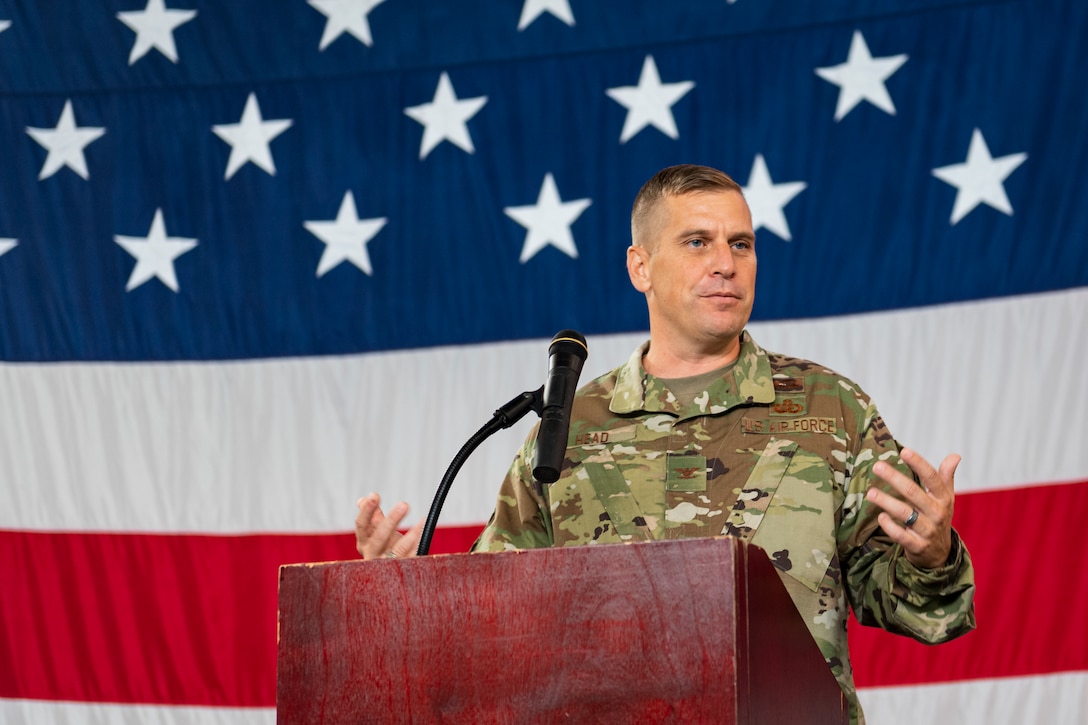 A photo of the new Mission Support Group commander speaking