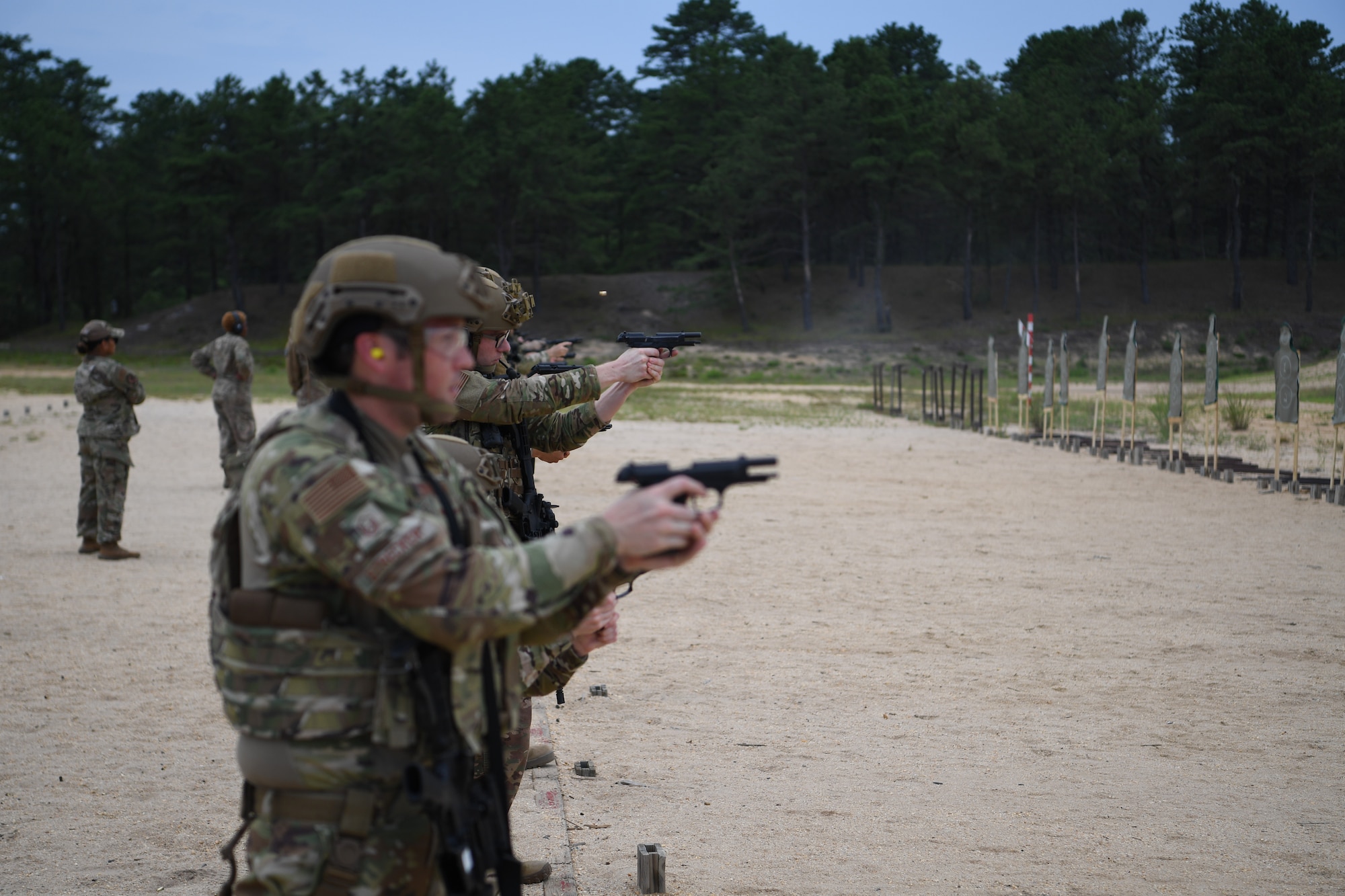 Airmen from the 621st Mobility Support Operations Squadron complete combat arms training at Joint Base McGuire-Dix-Lakehurst, New Jersey, July 22, 2020. The 621st MSOS Summit is mission-essential training held biannually to ensure full-spectrum readiness.