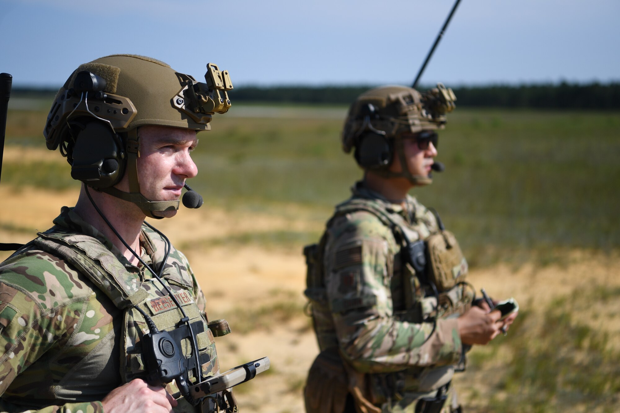 Maj. Clark Beesemyer, 621st Mobility Support Operations Squadron Air Mobility Liaison Officer, and Capt. David Chan, 621st MSOS AMLO, coordinate an aerial drop at Joint Base McGuire-Dix-Lakehurst, New Jersey, July 21, 2020. The 621st MSOS Summit is held biannually and brings together Airmen from 20 geographically separated units.