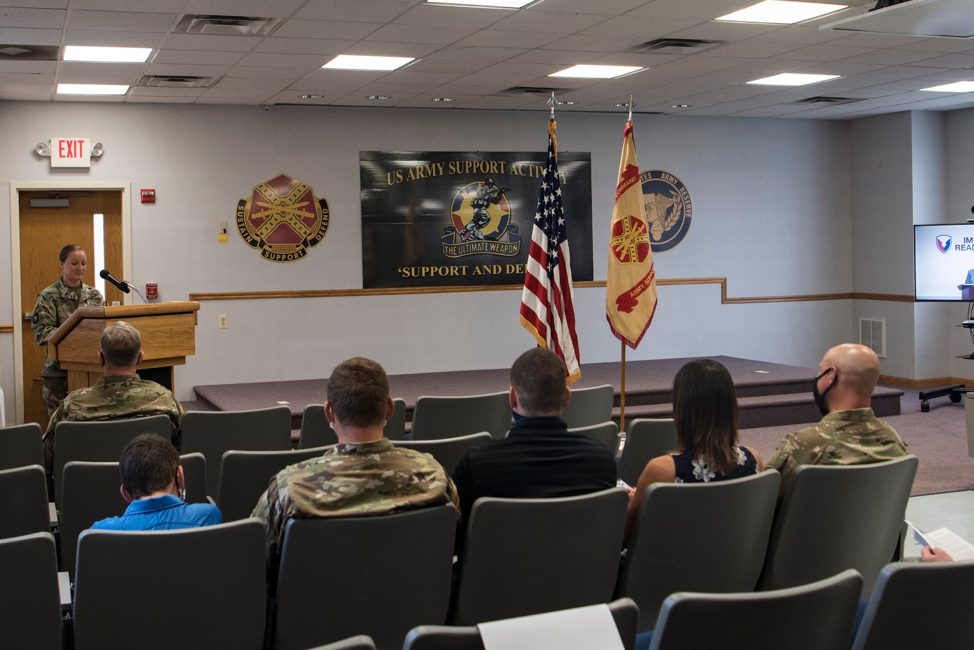 A photo of soldiers and families assigned to the U.S. Army Support Activity, Fort Dix, attend a change of command ceremony.