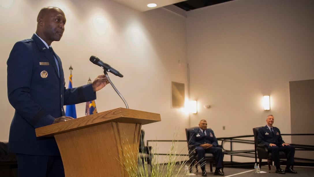 Brig. Gen. Kenyon Bell speaks during 982nd TRG change of command