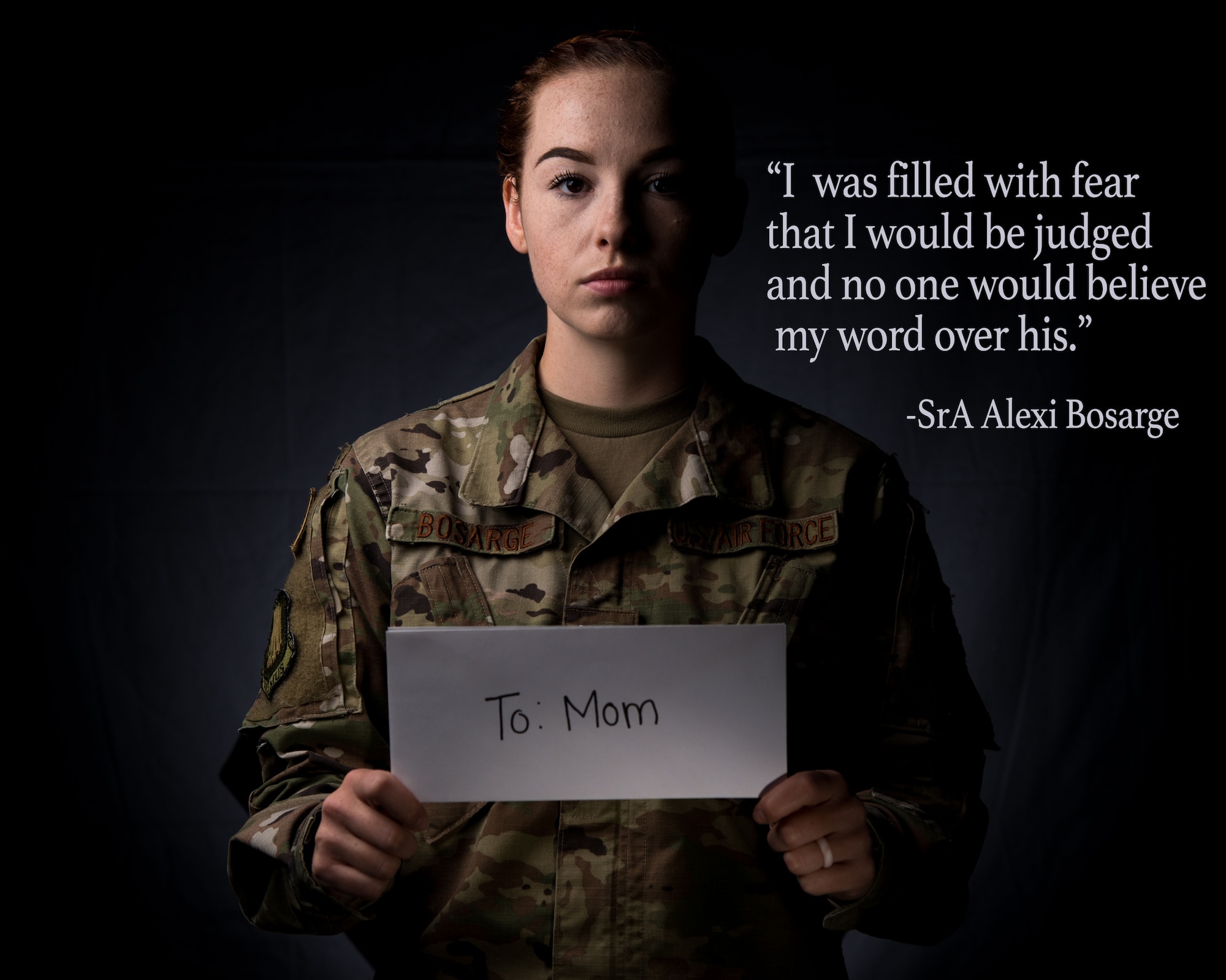 Senior Airman Alexi Bosarge, 22nd Wing Staff Agency public affairs photojournalist, writes a letter about her sexual assault story to her mother July 22, 2020, at McConnell Air Force Base, Kansas. Bosarge shares her story about a traumatic event and the resources that helped her overcome that experience as part of McConnell’s Beyond the Blue initiative. Beyond the Blue focuses on taking steps to normalize the conversations that surround seeking help. (U.S. Air Force photo by Senior Airman Alan Ricker)
