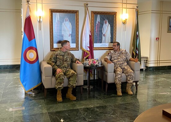 Lt. Gen. Gregory Guillot, U.S. Air Forces Central Command commander, meets the Commander of the Qatar Emiri Air Force, Staff MG Pilot Salem bin Hamad Al-Nabet, during a series of key leader engagements July 22 in Doha