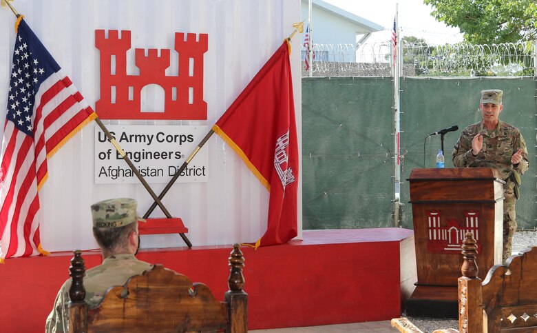 Colonel Mark A. Geraldi assumes command of the Afghanistan District, Transatlantic Division during a Change of Command at Bagram Airfield on July 25.