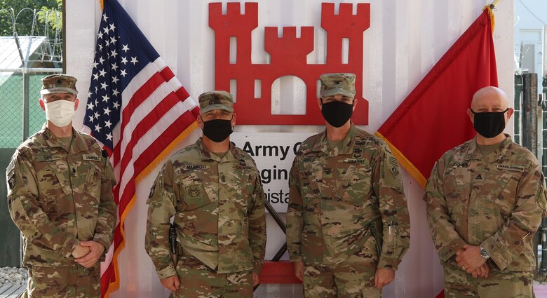 The Afghanistan District Leadership consists of, from left, Lieutenant Colonel Paul Sipe, Deputy Commanding Officer, Sergeant Major Master Sergeant Nathan Marshall, Senior Enlisted Leader, Colonel Mark Geraldi, Commander, and USACE Civilian Bryton Johnson, Deputy Program Manager.