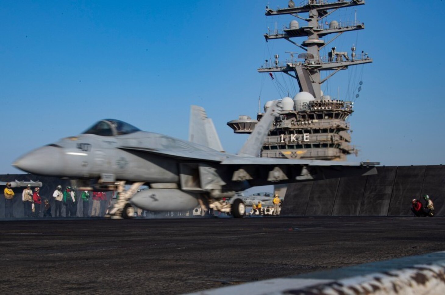 200725-N-QD512-1106 MEDITERRANEAN SEA (July 25, 2020) An F/A-18E Super Hornet, attached to the "Gunslingers" of Strike Fighter Squadron 105, takes off from the flight deck aboard the Nimitz-class aircraft carrier USS Dwight D. Eisenhower (CVN 69). The Dwight D. Eisenhower Strike Group is conducting operations in U.S. 6th fleet area of operations in support of U.S. national security interests in Europe and Africa. (U.S. Navy photo by Mass Communication Specialist 2nd Class Kaleb J. Sarten)