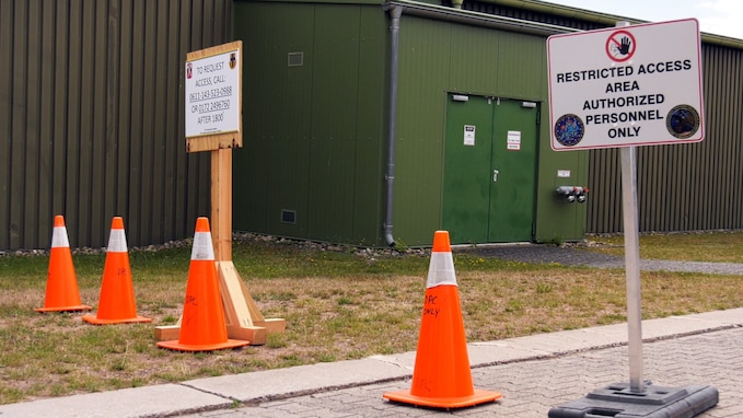 Restricted access signs are posted in and around the Deployment Processing Center, or DPC, on Rhine Ordnance Barracks in Kaiserslautern, Germany to ensure the safety of the force and the local community. The DPC currently houses incoming personnel from the United States undergoing quarantine and in-processing to the European theater. Task Force Wilkommen is a group of organizations facilitating this process during the COVID-19 pandemic. (U.S. Army Reserve photo by Staff Sgt. Chris Jackson/Released)