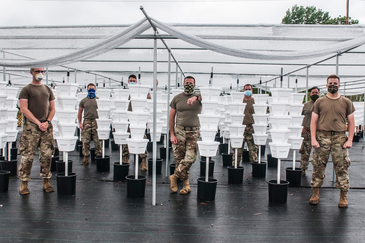 Soldiers pose for a photo at an urban farm.