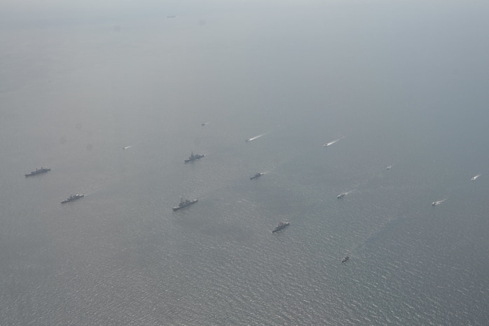 200724-N-OZ224-1147 BLACK SEA (July 24, 2020) Ships and aircraft from eight nations sail in formation during a photo exercise while participating in exercise Sea Breeze 2020 in the Black Sea, July 24, 2020. Sea Breeze is an annual U.S.-Ukrainian co-hosted exercise designed to enhance interoperability between participating nations and strengthen regional security.  (U.S. Navy photo by Mass Communication Specialist 2nd Class Brandon Vinson/Released)