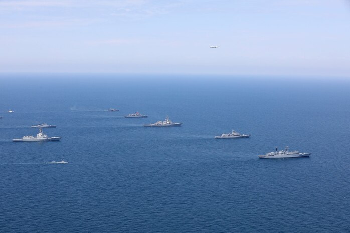 200724-O-NO901-0001 BLACK SEA (July 24, 2020) Ships and aircraft from eight nations sail in formation during a photo exercise while participating in exercise Sea Breeze 2020 in the Black Sea, July 24, 2020. Sea Breeze is an annual U.S.-Ukrainian co-hosted exercise designed to enhance interoperability between participating nations and strengthen regional security. (Photo courtesy of Ukraine Navy)